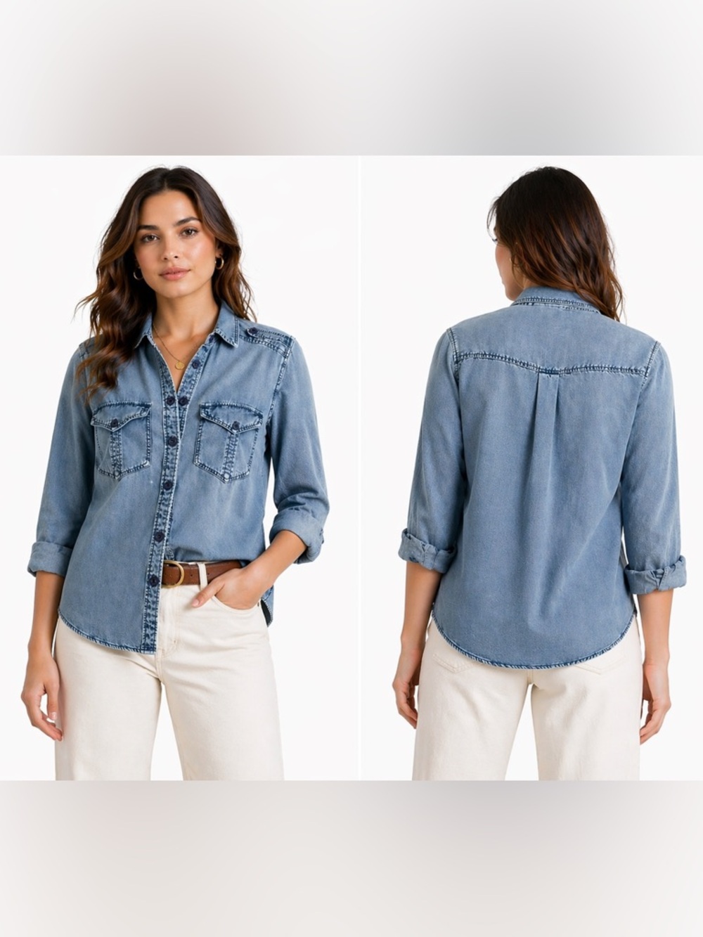 Express Chambray Button Up Shirt Women Small Blue Lyocell Lightweight Casual Top